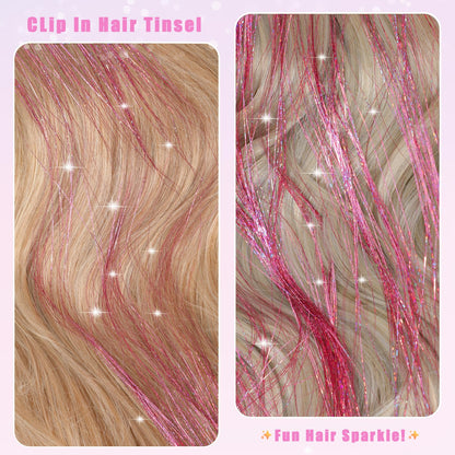 Caedrea Hair Tinsel Clip-In Extensions – 18 Pcs 20.5" Glitter Fairy Hair, Shiny Sparkling Party Highlights, Rainbow Glitter Strands for Girls & Women