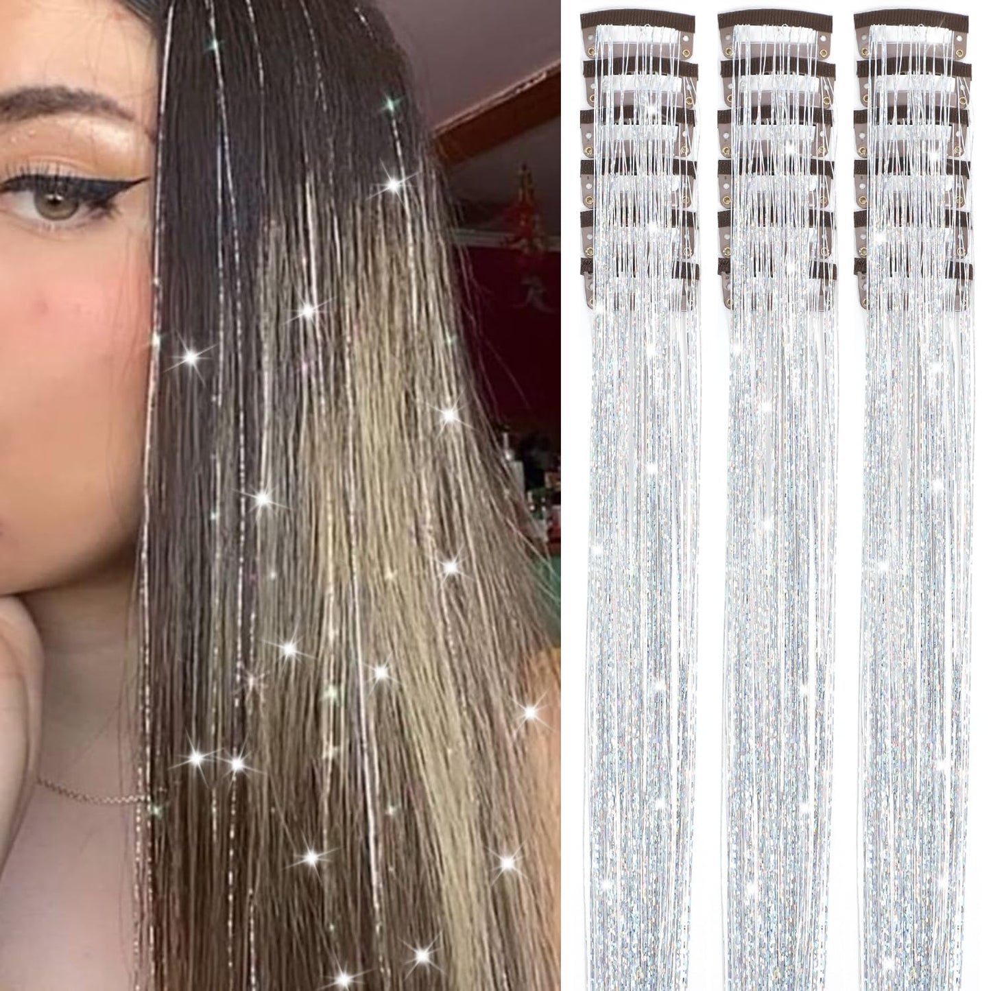 Caedrea Hair Tinsel Clip-In Extensions – 18 Pcs 20.5" Glitter Fairy Hair, Shiny Sparkling Party Highlights, Rainbow Glitter Strands for Girls & Women