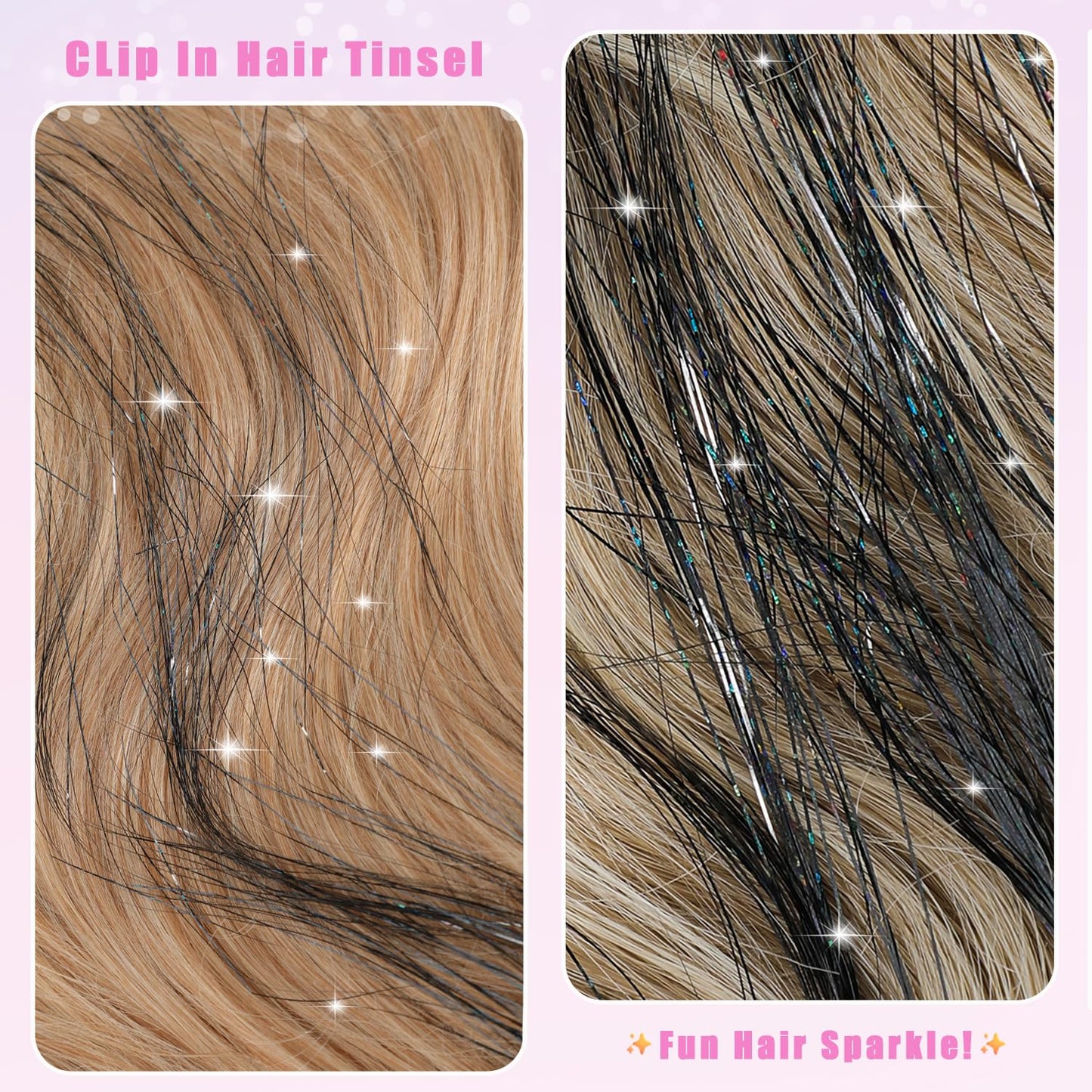 Caedrea Hair Tinsel Clip-In Extensions – 18 Pcs 20.5" Glitter Fairy Hair, Shiny Sparkling Party Highlights, Rainbow Glitter Strands for Girls & Women