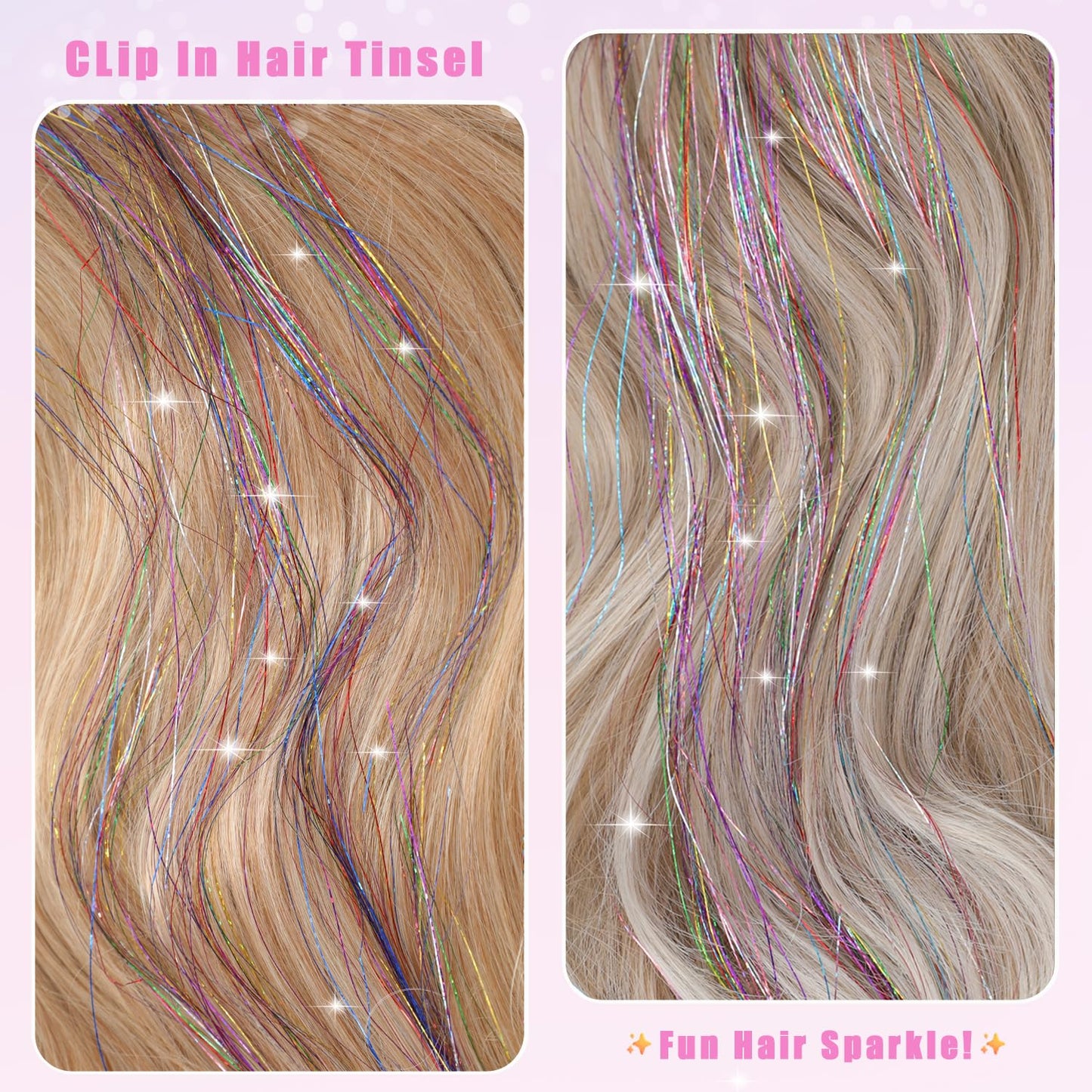 Caedrea Hair Tinsel Clip-In Extensions – 18 Pcs 20.5" Glitter Fairy Hair, Shiny Sparkling Party Highlights, Rainbow Glitter Strands for Girls & Women
