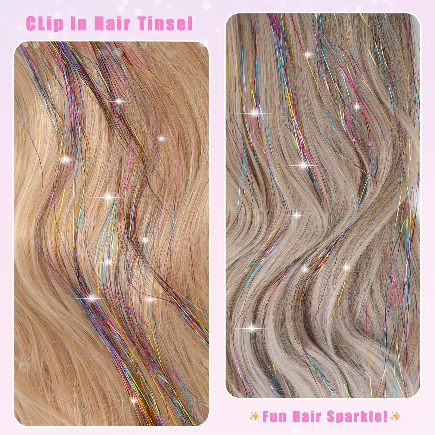 Caedrea Hair Tinsel Clip-In Extensions – 18 Pcs 20.5" Glitter Fairy Hair, Shiny Sparkling Party Highlights, Rainbow Glitter Strands for Girls & Women