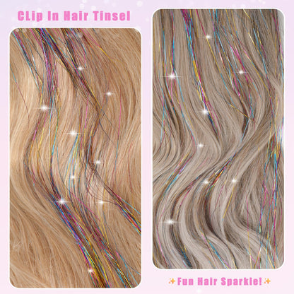 Caedrea Hair Tinsel Clip-In Extensions – 18 Pcs 20.5" Glitter Fairy Hair, Shiny Sparkling Party Highlights, Rainbow Glitter Strands for Girls & Women