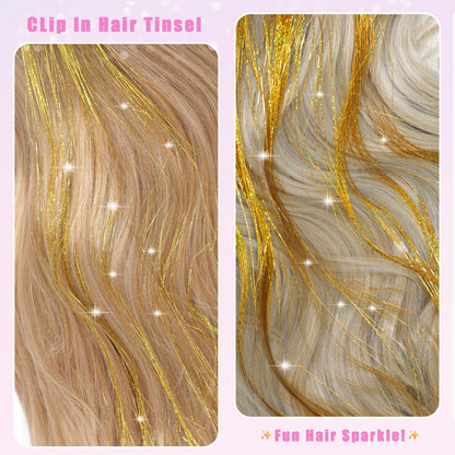 Caedrea Hair Tinsel Clip-In Extensions – 18 Pcs 20.5" Glitter Fairy Hair, Shiny Sparkling Party Highlights, Rainbow Glitter Strands for Girls & Women