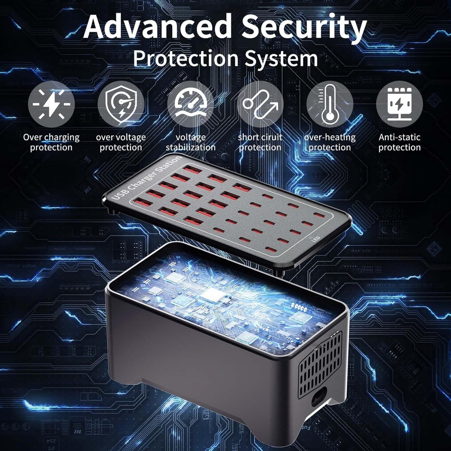 Caedrea 150W 30-Port USB Charging Station – Multi-Device Fast Charger Block with USB & Type-C Ports, Smart Protection, Desktop & Wall Compatible