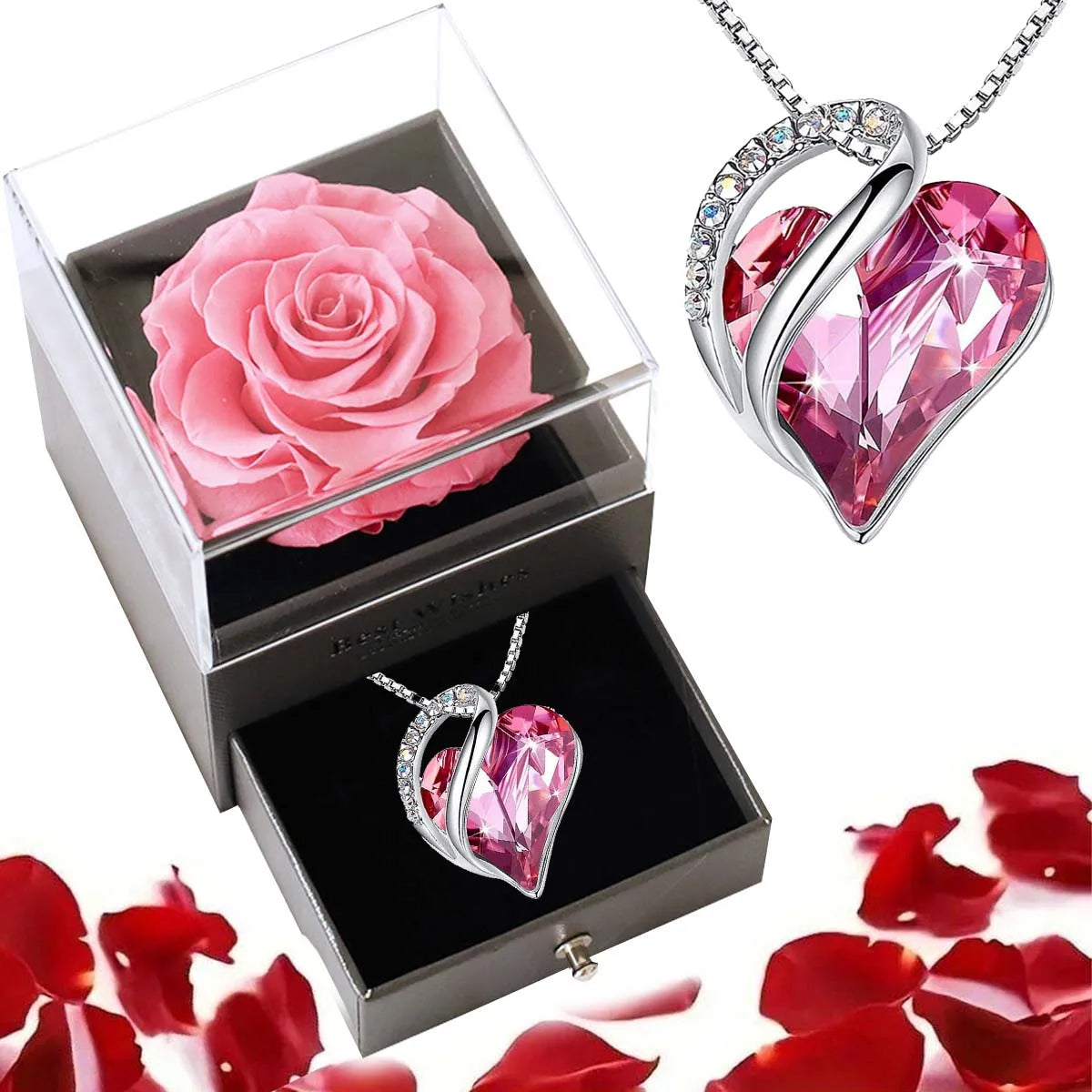 Ocean Heart Love Necklace with Eternal Rose Jewelry Box